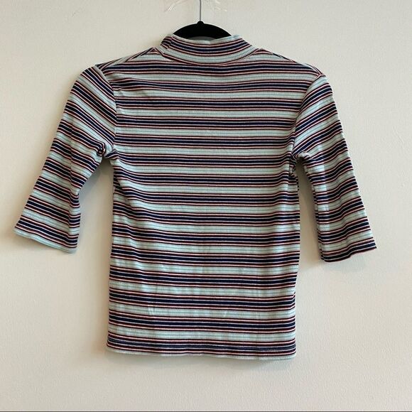 Zara Light Blue Maroon Red Striped Ribbed 1/2 Sleeve Mock Neck Size Small - Picture 2 of 8